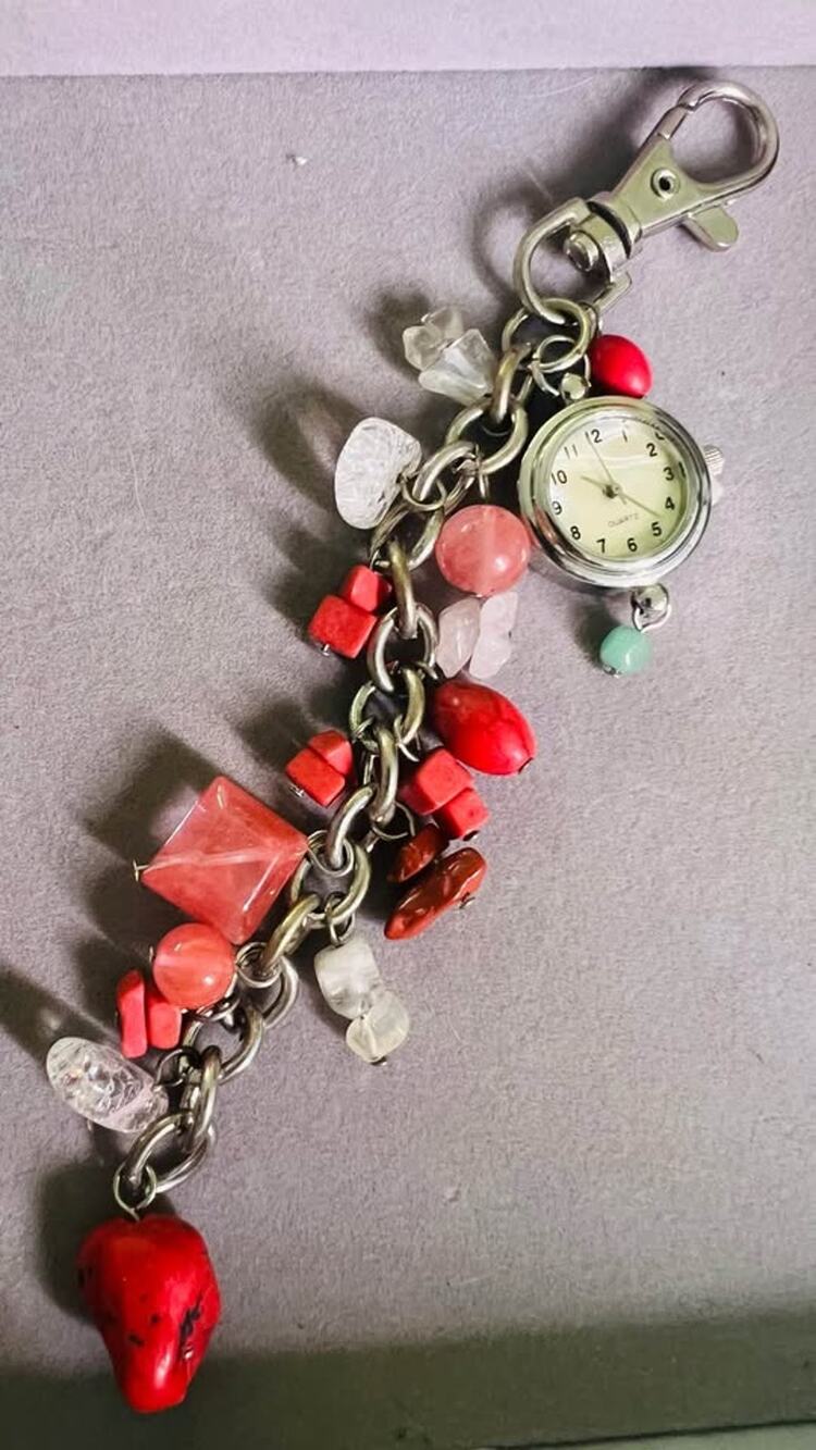 Quartz Watch Keychain with Red and Clear Stone Charms